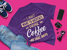 Load image into Gallery viewer, Coffee gifts purple t shirt on flat layout
