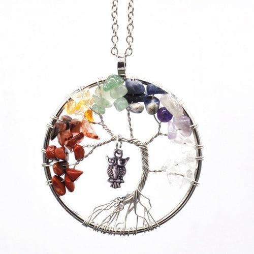 Crystal necklace with the wise owl on tree of life