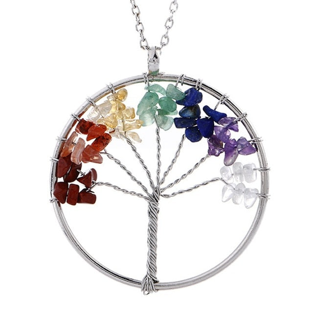 7 Chakra Quartz Natural Stones Tree of Life Pendant Necklace for Women