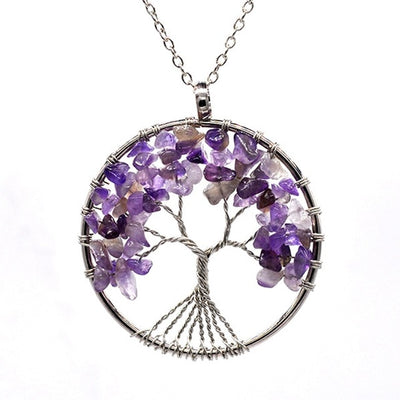 Amethyst Natural Stone Tree of Life Pendant Necklace for Women / Reiki Jewelry