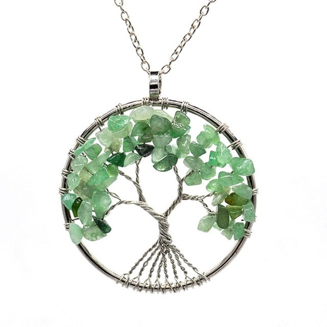 Green Aventurine Natural Stone Tree of Life Pendant Necklace for Women