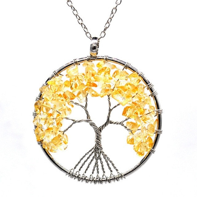 Citrine Natural Stone Tree of Life Pendant Necklace for Women / Reiki Jewelry