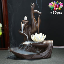 Load image into Gallery viewer, Decorative Backflow Akash Mudra Incense Burner with Lotus Incense Stick Holder
