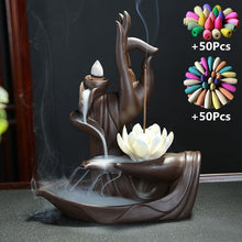 Load image into Gallery viewer, Decorative Backflow Akash Mudra Incense Burner with Lotus Incense Stick Holder
