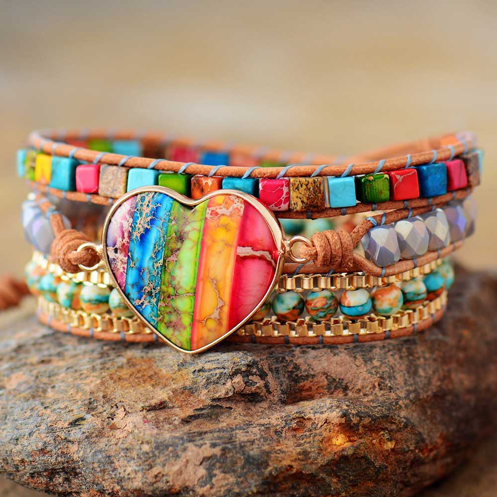 Romantic Spiritual Chakra Stones 3 Strands Leather Wrap Bracelets