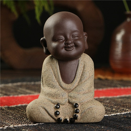 Smiling Little Buddha Clay Pottery Statue